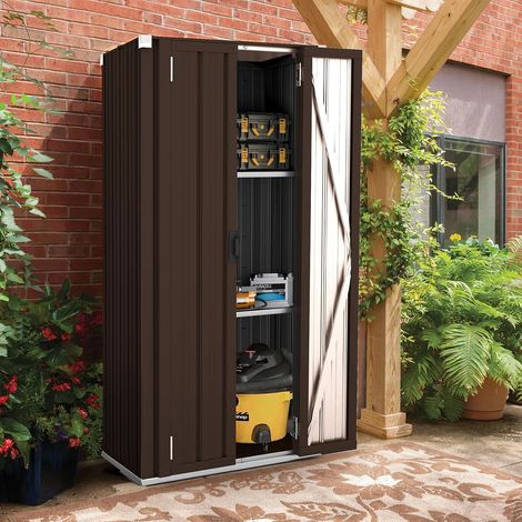 YODOLLA Outdoor Tall Garden Storage Cabinet Shed with 3 Adjustable Shelves - Weatherproof Metal Cupboard for Garage & Patio - Brown