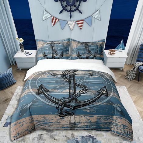 Ancre Noire 100% Coton Housse de Couette 200x200cm Enfants Voile Parure de Lit garçons Filles Marine Planche en Bois Literie Set La mer Adventure Ensemble de lit - 200 x 200 cm + 2 taies d'oreiller 65 (1/5)