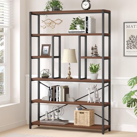 Bibliothèque haute à 6 niveaux, en bois et métal, bibliothèques et étagères pour livres, 6 niveaux, industrielle grande et spacieuse, étagère pour salon, vintage rustique, grande (1/5)