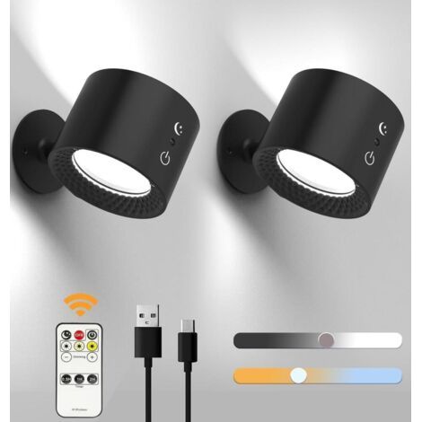 2-teiliges Wandleuchten-Set für den Innenbereich, wiederaufladbare LED-Wandlampe mit Touch-Fernbedienung, 3 Helligkeitsstufen, 3 Farbtemperaturen, 360° drehbare Nachttischlampe fürs Schlafzimmer (1/5)