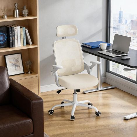 Silla de oficina ergonómica, respaldo alto, reclinable, altura regulable, beige DESVIAE (1/5)