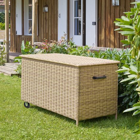 Hesperide – Coffre de jardin 600L en résine tressée – Dimensions 159x76x82,5 cm – Housse de protection intérieure – Roulettes pour déplacement facile