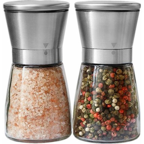 Lot de 2 moulins à sel et à poivre, lot de 2 moulins à épices, taille de grain réglable, salière et poivrière en verre et acier inoxydable brossé avec céramique intégrée 180 ml (1/5)