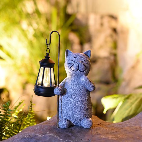 Statuec de Jardin Exterieur d'Chaton, Chat Decoration Statue Jardin Exterieur avec Lampe Solaire Figurine, Figurine d'extérieur Grise Résistante Aux Intempéries, Cadeau Unique pour Femme/Homme, A (1/5)