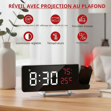 Reveil Projecteur Plafond, Réveil Projection avec Écran LED Rouge (1/2)