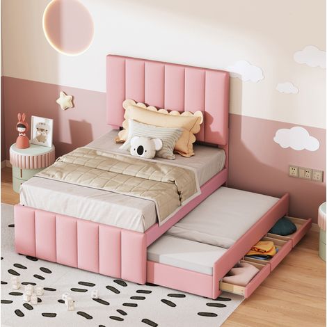 Cama tapizada 90x200 cm rosa en algodón y lino con cama nido y 3 cajones (1/5)