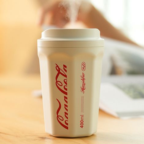 Humidificateur d'air à flamme sans fil 400 ml, en ABS, sans bouton, en forme de verre de Coca-Cola, diffuseur d'air pour voiture et chambre, blanc, fonctionne avec une batterie au lithium. (1/4)