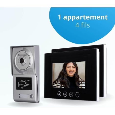 Portier interphone vidéo CLASSIC 4 Fils - 1 appartement - 2 écrans noirs 7" - avec mémoire photos - avec lecteur de badge