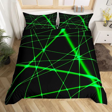Parure de lit avec housse de couette et 1 taie d'oreiller - Motif géométrique - Vert fluo - Pour chambre d'enfant et adulte - Décoration moderne et abstraite (1/5)