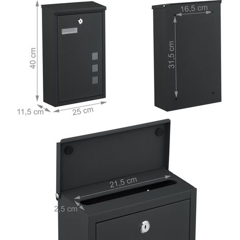 Buzón espacioso con 3 prácticas ventanas para uso en pared 40 x 25 x 11,5 cm de hierro negro 130017425 (1/3)