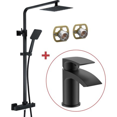 Matt Black Thermostatic Mixer Shower Set Square Black Twin Head Exposed + Tap (1/5)