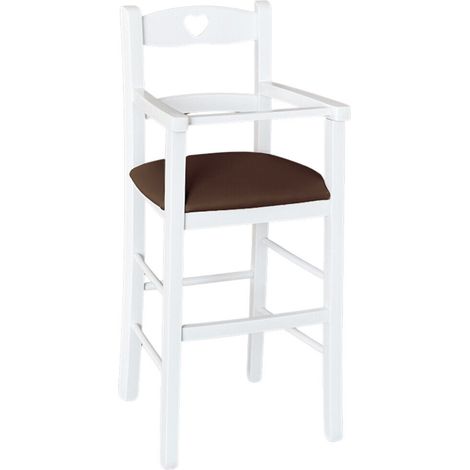 Chaise haute en bois blanc avec assise en éco-cuir marron