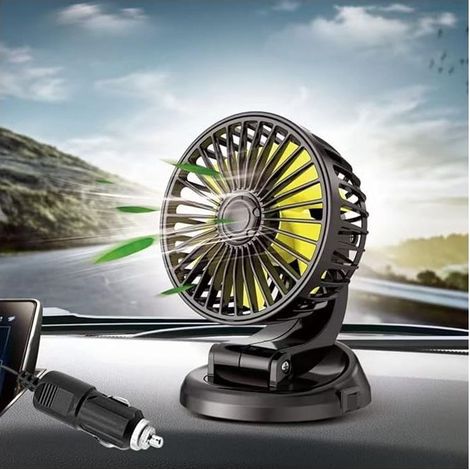 Ventilatore per auto girevole a 360°, con spina accendisigari da 12V, mini ventilatore da cruscotto, ventilatore da tavolo, con ventosa, piccolo ventilatore per SUV e camion. (1/5)