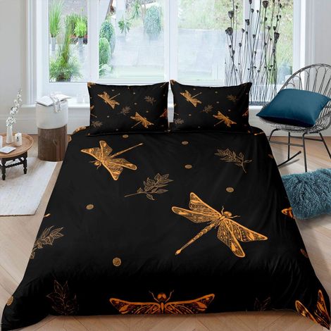 Parure de lit à motif libellules dorées – Housse de couette décorative pour enfants, garçons et filles – Parure de lit avec motif libellule – Pour très grand lit (1/4)