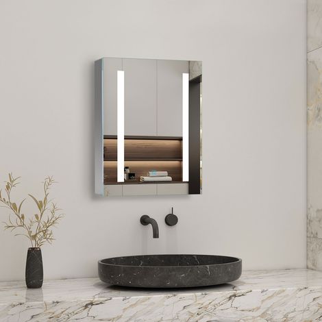 Biubiubath Bathroom Mirror Cabinet with Shaver Socket LED Light 450x600mm Bathroom LED Mirror with Shelf Demister (1/5)