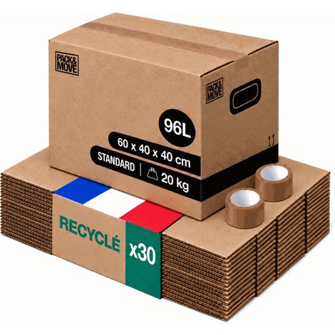 Pack and Move - Lot 30 cartons déménagement L larges - 40 x 60 x 40 cm - Poignées renforcées - 2 adhésifs offerts (1/5)