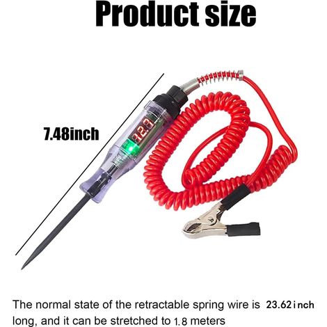 Stylo testeur électronique numérique pour voitures (1 pièce), lampe de test de circuit électrique 6V-12V-24V CC avec câble à ressort extensible de 1,8 mètre, testeur de basse tension pour voitures, ca (1/3)