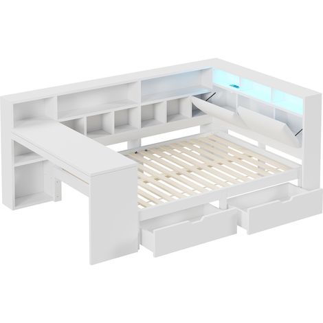 Eckplattformbett 140x200 cm mit Schreibtisch, Regal und LED, weiß (1/5)
