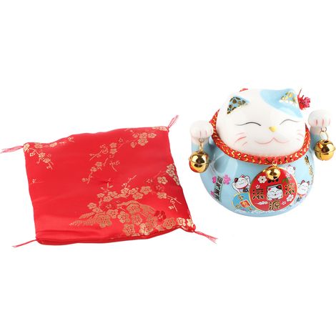 Tirelire Chat Porte-Bonheur 11,5 cm, adorable et raffinée, en céramique, en forme de chat, symbole de chance et de prospérité, décoration de bureau bleue