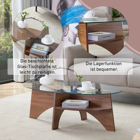 Table basse ovale en verre de sécurité 104,9 x 60 cm, piètement avec étagères diagonales couleur noyer et plateau de rangement intégré, idéale pour salle à manger. (1/5)