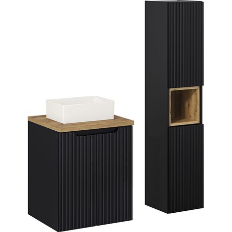 Conjunto de muebles con lavabo individual 50cm 2 puertas y columna Riva Negro y Madera