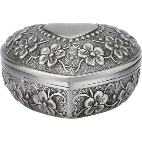 Boîte à bijoux vintage en métal en forme de cœur avec gravure florale, rangement pour colliers et boucles d'oreilles antique (1/5)