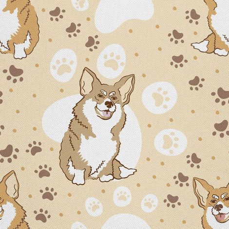 Tela decorativa Oxford para exteriores con estampado de perro Corgi y huellas de patas. (1/5)