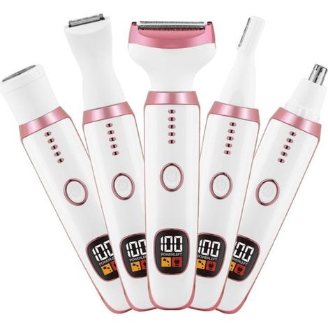Rasoio elettrico da donna, 5 in 1 per corpo intero, zona bikini, per peli del naso, viso, sopracciglia, braccia, gambe, ascelle e zona pubica, lame sostituibili, rosa (1/5)