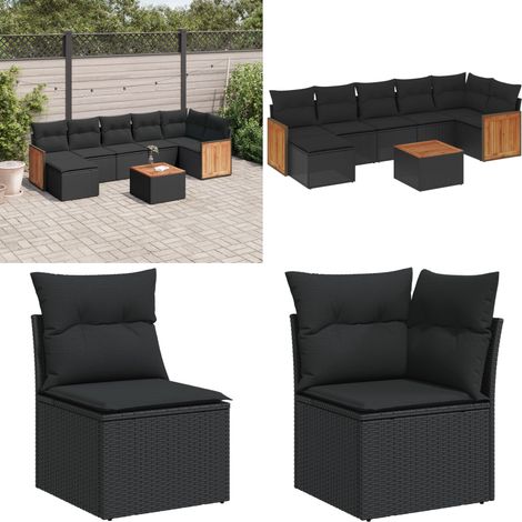 Salon de jardin 8 pcs avec coussins noir résine tressée - Ensemble Salon De Jardin - Meuble Extérieur - Mobilier De Jardin - Chaise Lounge - Set Salon - Home & Living (1/5)