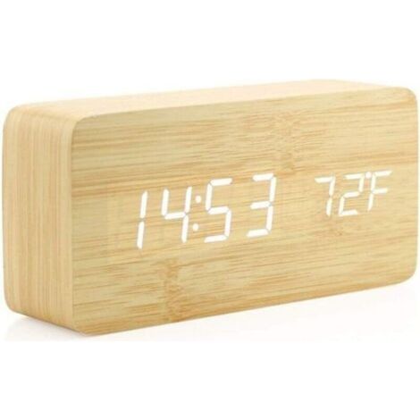 Horloge en Bois Réveil numérique en Bois créatif Réveil LED Multifonctionnel élégant avec Alimentation USB Commande vocale - Bois de Bambou - Crezuo (1/4)