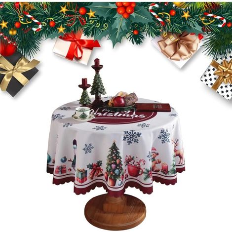 Nappe de Noël - Nappe de Table Anti Tâches Nappe en Lavable Polyester(120cm) Nappe de Table Rectangulaire et Rond pour Fournitures de fête de Noël (Cercle),Idéal pour les décorations de vacances et le (1/5)