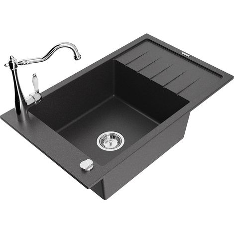Mexen Elias fregadero de granito de 1 compartimento con escurridor y grifo de cocina Carla, negro moteado - 6511-76-670700-00 (1/5)