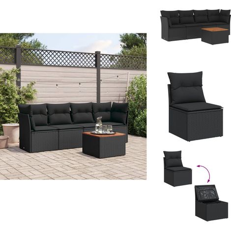 Salon de jardin 5 pcs avec coussins noir résine tressée - Ensemble Salon De Jardin - Mobilier De Jardin - Canapé Extérieur - Table Basse Jardin - Chaise Lounge (1/5)