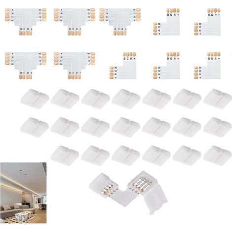 30 Pièces Connecteurs Ruban LED 10mm Broches Forme Sans Soudure Couleur  lumineuses multicolores RVB, vingt droits, cinq équerres angle, cinq triple dérivation, pose rapide, clip sans fer (1/5)