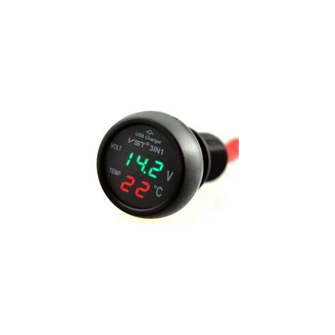Voltmètre de voiture, thermomètre de voiture 3 en 1 12-24 V, chargeur USB, voltmètre avec écran LCD numérique (1/5)