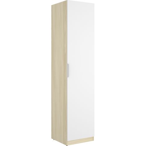 Armoire colonne de rangement à 1 porte et 2 étagères, coloris blanc/Chêne clair - Hauteur 203,5 x Longueur 45,5 x Profondeur 51,4 cm (1/5)