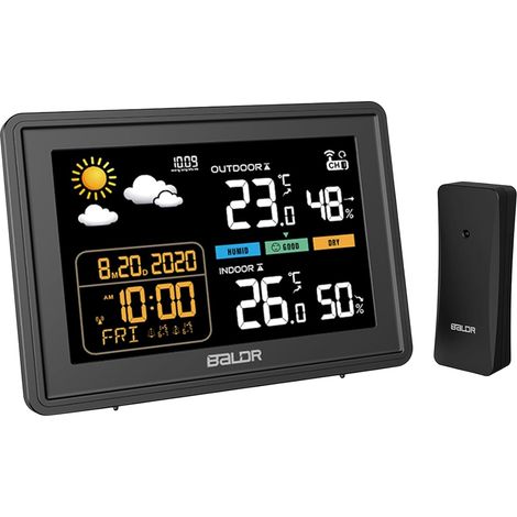 Drahtlose Wetterstation, Innen-Außen-Barometer, Thermometer, Hygrometer mit RCC/DCF-LED-Sensor, hintergrundbeleuchtetes Display, digitaler Wecker, Schwarz