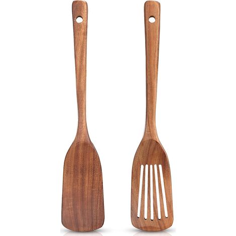 Juego de 2 utensilios de cocina de madera no tóxica: espátula de madera de acacia, espátula para sartén, cuchara ranurada de bambú, raspador, espátula para albóndigas de pescado de mango largo. (1/5)