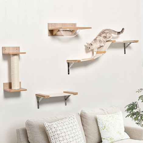 Árbol para gatos mural de 4 piezas con hamaca, rascador y plataforma, marrón DESVIAE (1/5)