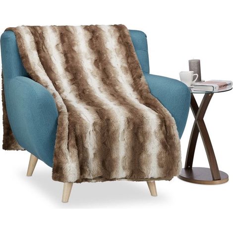 2x Plaids fausse fourrure, douceur moelleuse, 150 x 200 cm, brun naturel, pour canapé ou lit