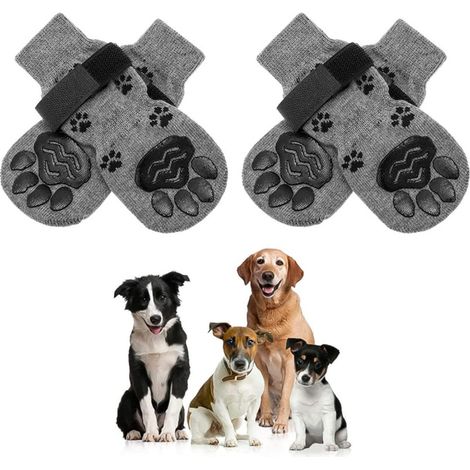 Chaussettes amusantes antidérapantes pour chien avec sangles réglables - Excellent contrôle de traction antidérapant pour les sols en bois dur ou en carrelage. (gris,L)