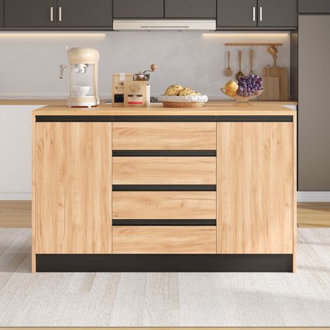 Ilot central cuisine 140 cm plan de travail rabattable 4 tiroirs et 2 placards plateau effet bois naturel (1/5)