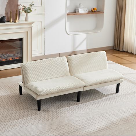 Divano letto 2 posti beige in velluto a coste con schienale regolabile a 3 posizioni (1/5)