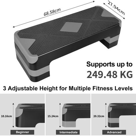 Plateforme aerobic 3 niveaux hauteur réglable 10,16 à 20,32 cm. Compacte facile à ranger pour exercice maison et bureau, grise