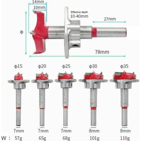 Wood Drill Bit, 5pcs(1535mm) Adjustable Positioning Wood Countersink Bit Set, Carbide Hole Saw with Depth Stop (Depth Range 1040mm) MUMU