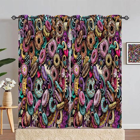 Rideau Occultant Nourriture Dessert Donuts Rideau Thermique Isolant Tenture Opaque à Oeillets Draperies Intérieurs pour Maison Chambre Salon 2 Panneaux L 140 x H 280 cm - 140L X 280H cm (2 Panneaux) (1/5)