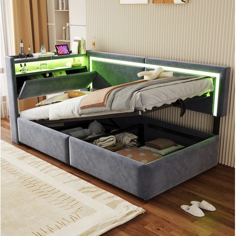Canapé-lit en velours gris 90x200 cm avec rangement hydraulique, LED, USB et sommier à lattes (1/5)