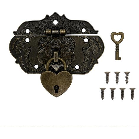 Vintage Haspe mit Herzschloss und Schlüssel, Bronze, Eisen, 76x57mm