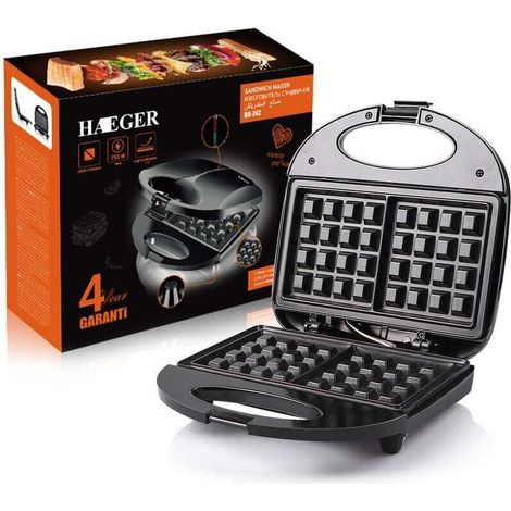 Gaufrier Croque Monsieur - 750 W - Plaques Antiadhésives Interchangeables - Température Réglable Jusqu'à 200 °C - 3 en 1