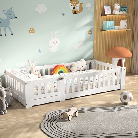 BSMGSGN-Lit Enfant 120x200 cm, Lit au Sol avec Barrière de Sécurité et Sommier à Lattes, Cadre de Lit Simple en Bois, pour Garçons et Filles, Blanc, Facile à Assembler, Sans Matelas (1/5)